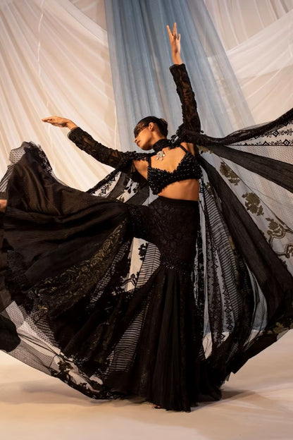 Black Patchwork Mijwan Sharara Cape Set