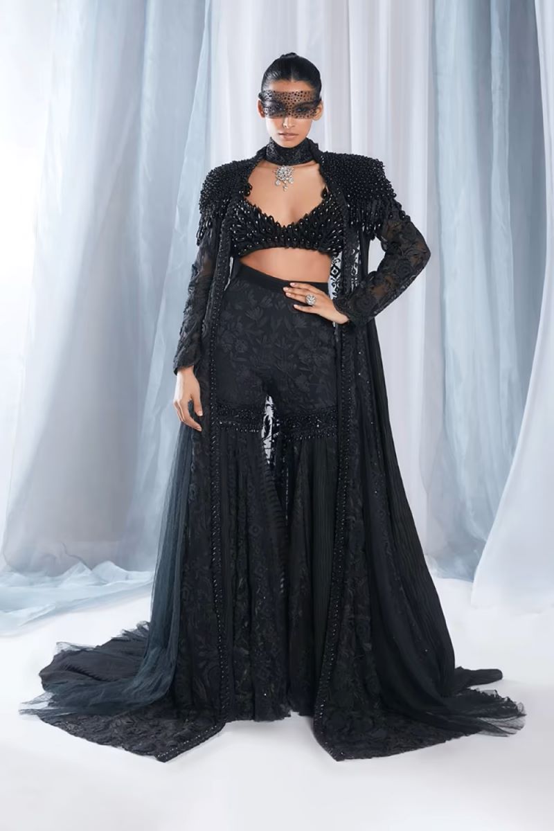 Black Patchwork Mijwan Sharara Cape Set