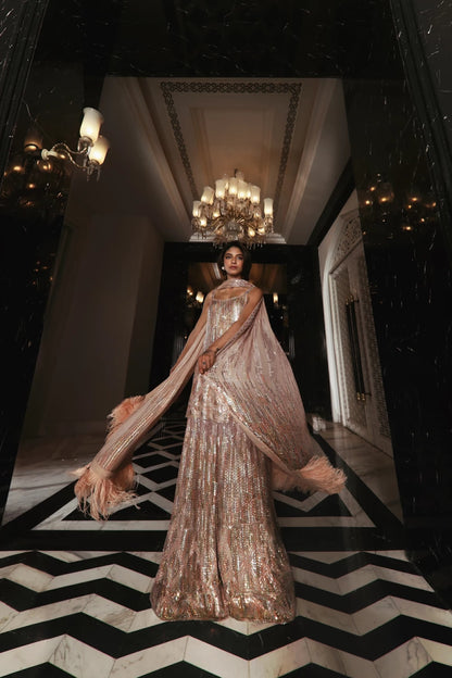 Blush sequins and feather Sharara Set