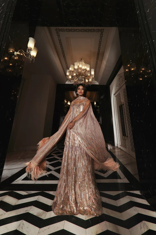 Blush sequins and feather Sharara Set