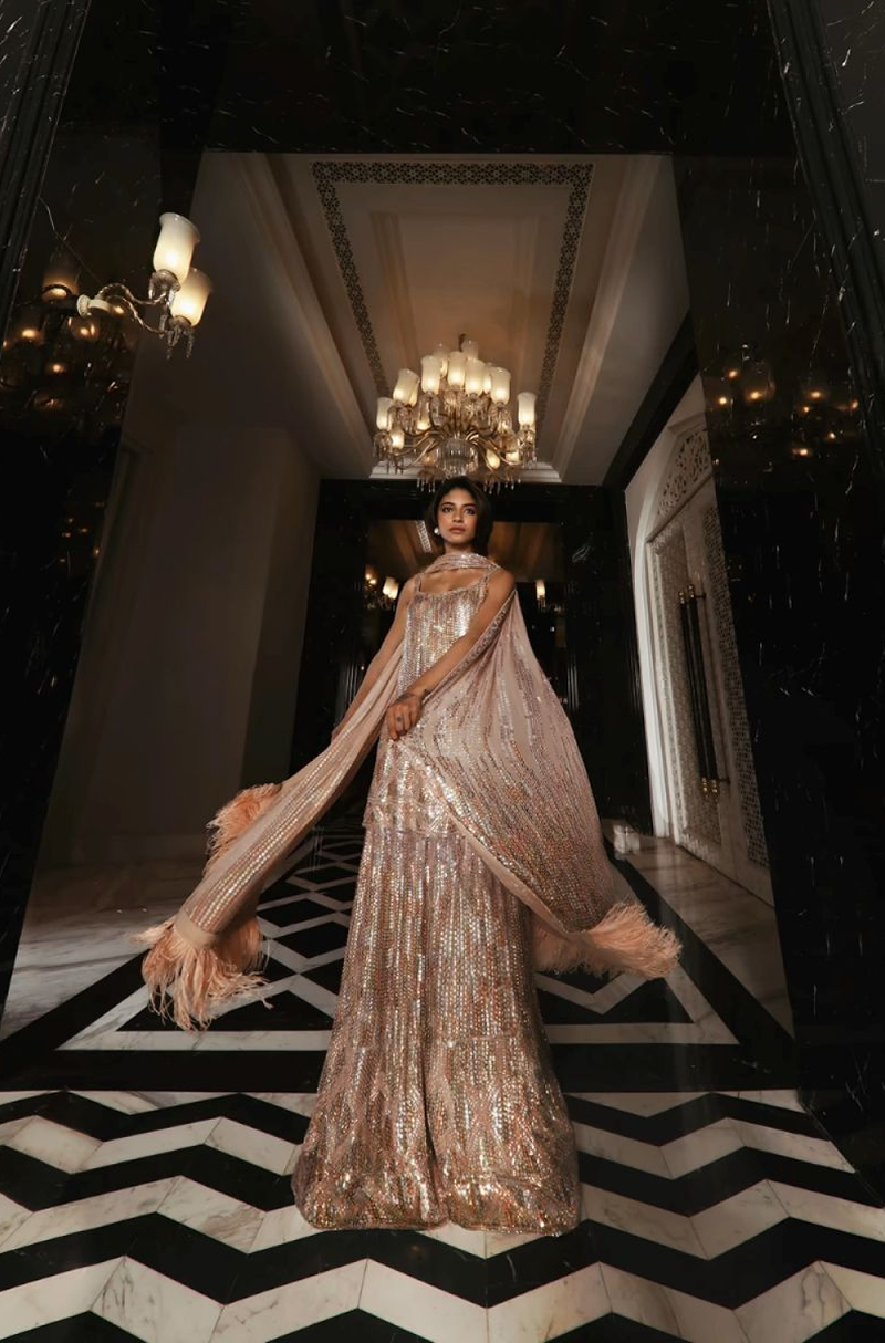 Blush sequins and feather Sharara Set