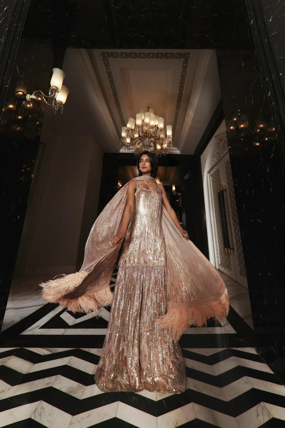 Blush sequins and feather Sharara Set