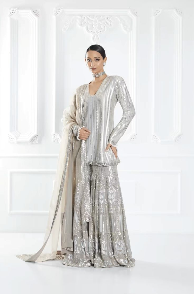 Grey Sequin Embellished Sharara Set