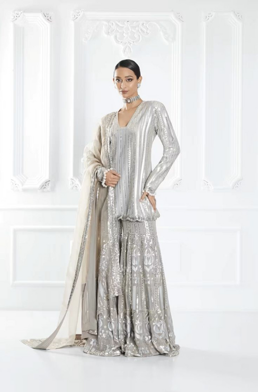 Grey Sequin Embellished Sharara Set