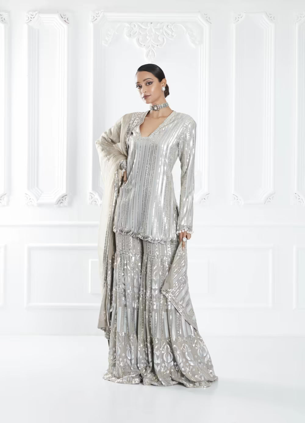 Grey Sequin Embellished Sharara Set