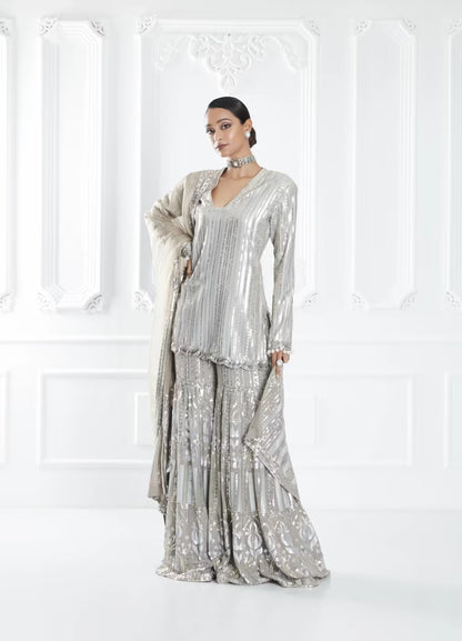 Grey Sequin Embellished Sharara Set