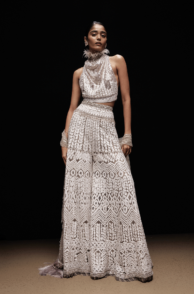 Grey With Ivory Shadow Work Geometric Mijwan Sharara Set