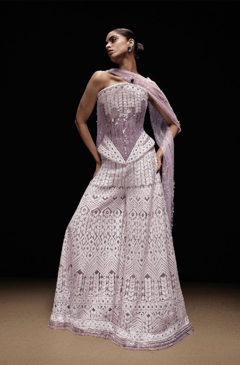 Lilac With Ivory Shadow Work Geometric Mijwan Sharara Set