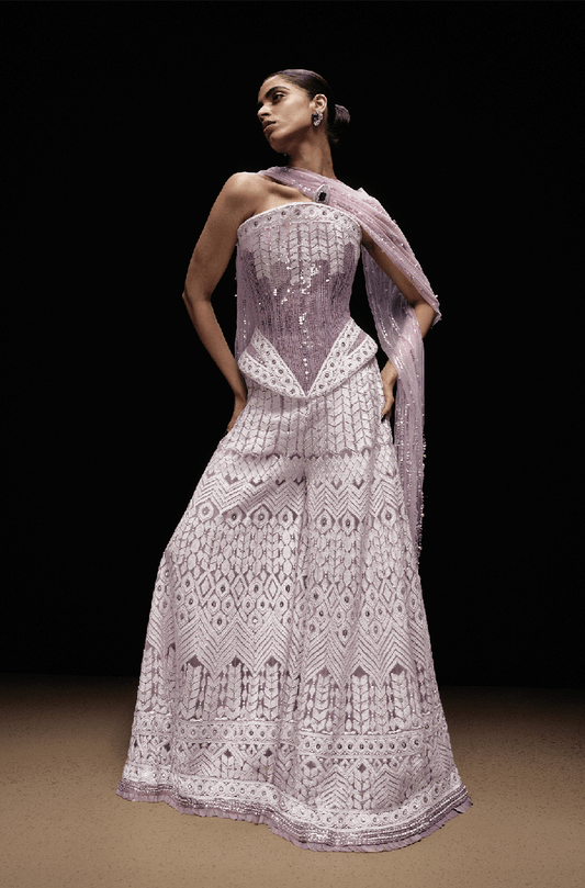 Lilac With Ivory Shadow Work Geometric Mijwan Sharara Set