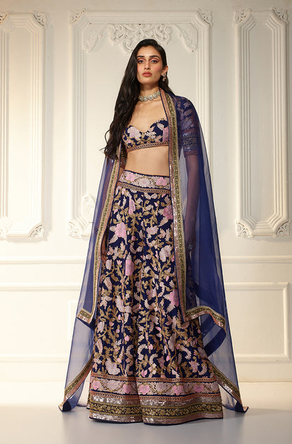 Navy Blue With Multicolor Kashmiri Embroidered Sharara Set