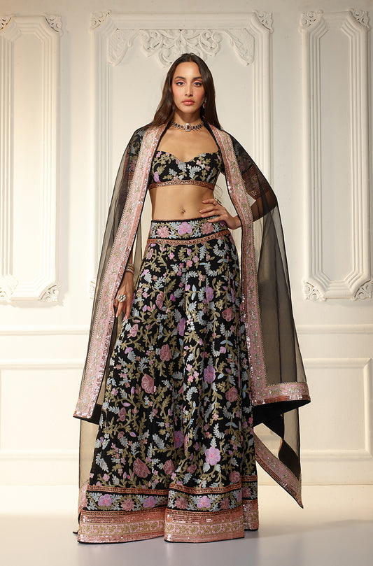 Black With Multicolor Kashmiri Embroidered Sharara Set