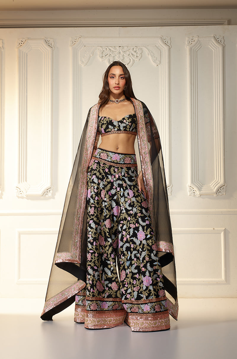 Black With Multicolor Kashmiri Embroidered Sharara Set