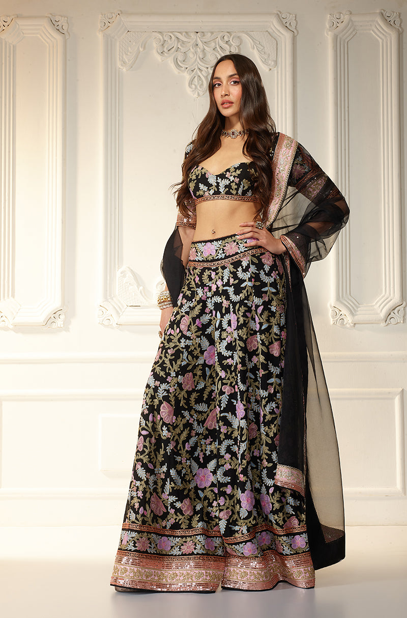 Black With Multicolor Kashmiri Embroidered Sharara Set