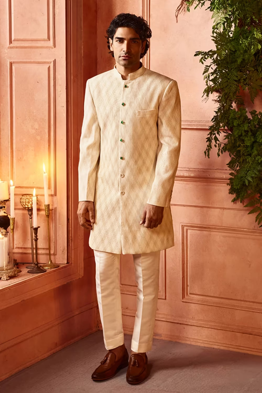Ivory Silk Criss-Cross Pintucks Sherwani Set