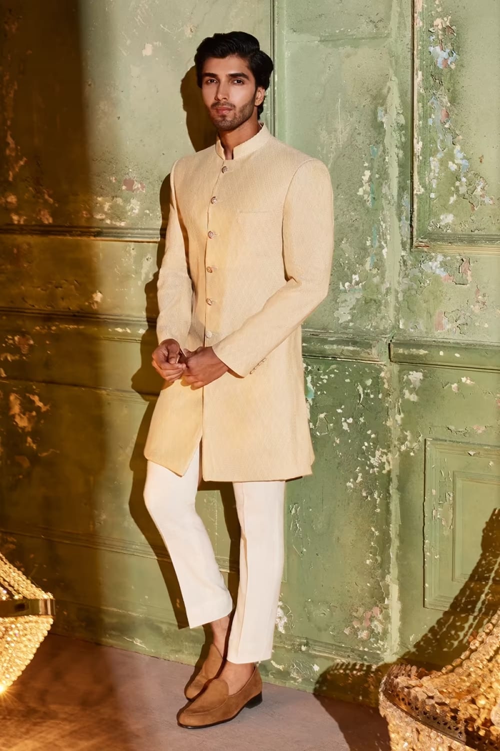 Beige Silk Pintucks Sherwani Set
