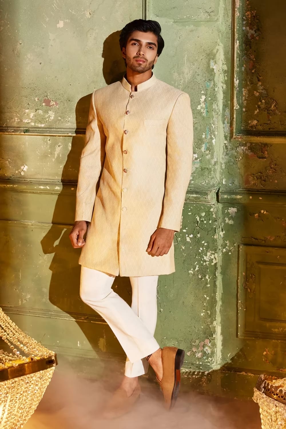 Beige Silk Pintucks Sherwani Set