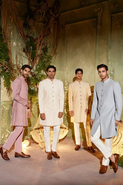 Beige Silk Pintucks Sherwani Set