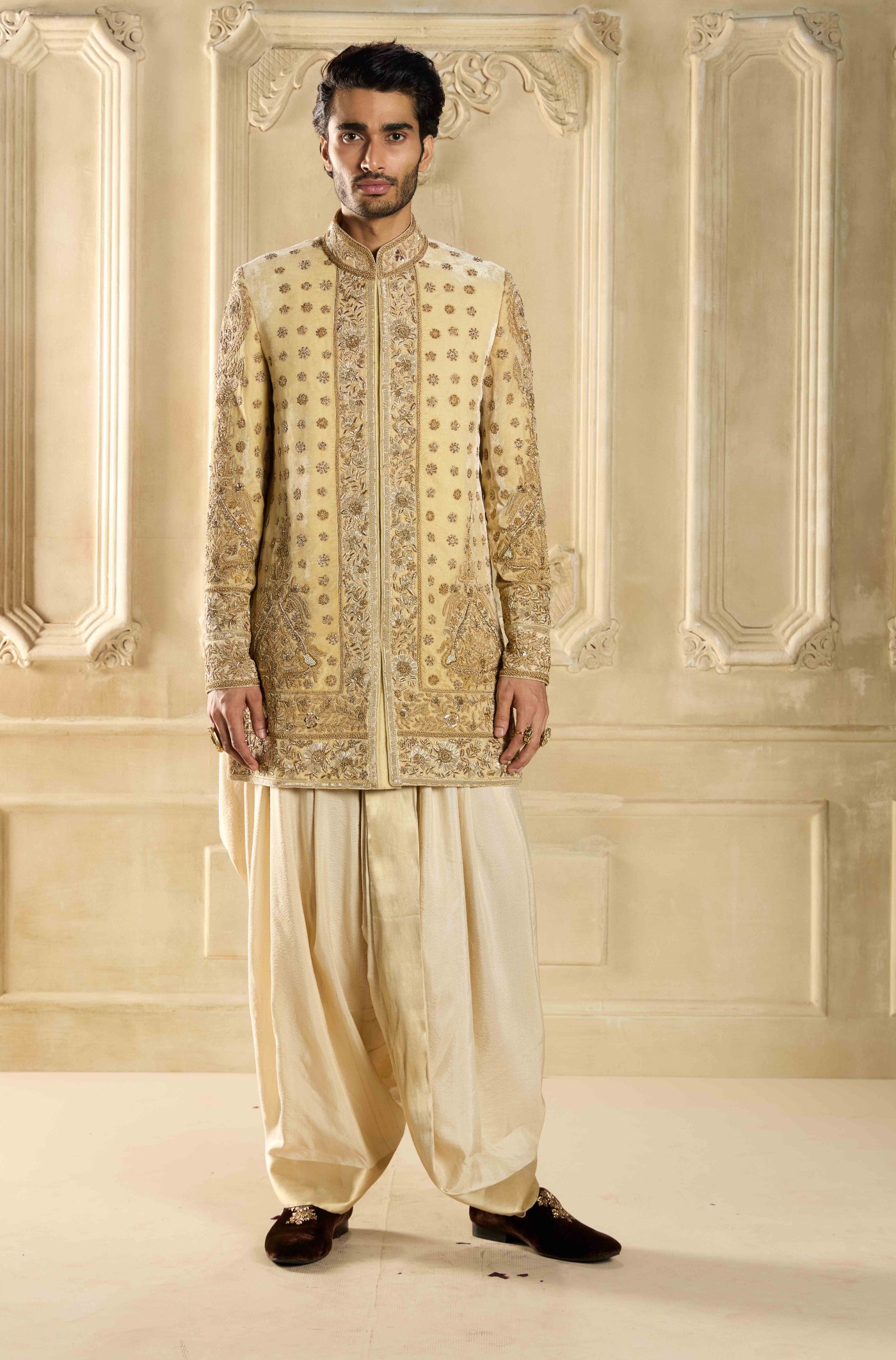 Beige Velvet Embroidered Sherwani Set