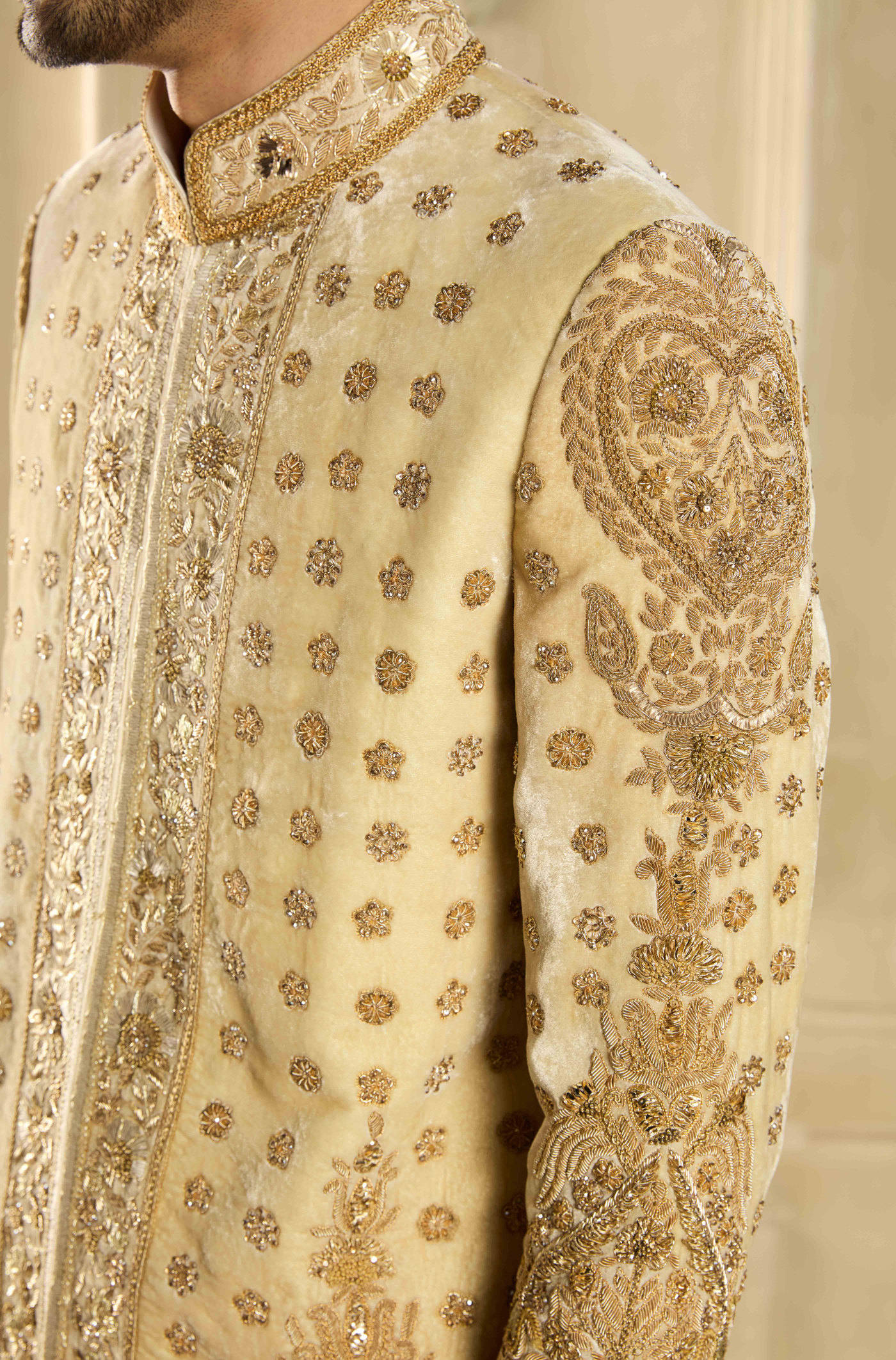 Beige Velvet Embroidered Sherwani Set