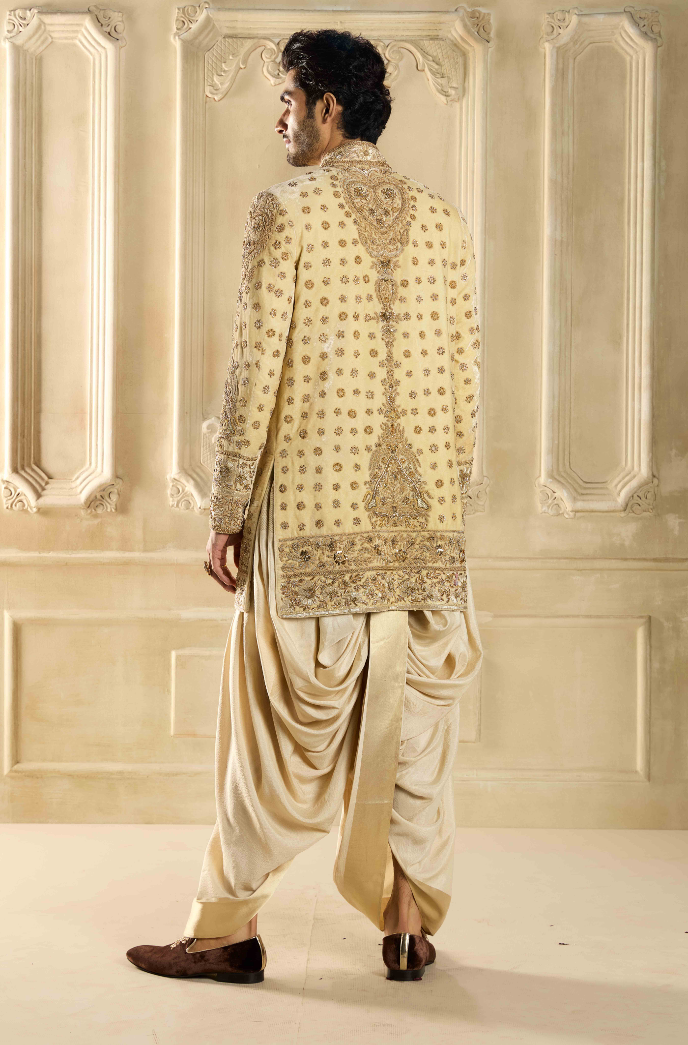 Beige Velvet Embroidered Sherwani Set