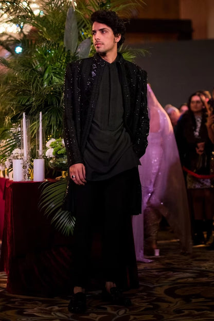 Black Chevron Embroidered Open Sherwani Set