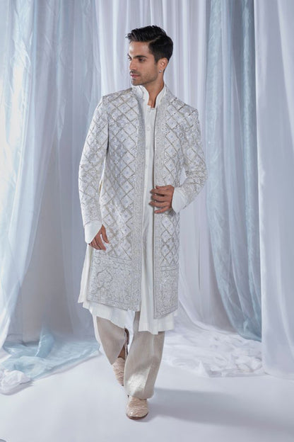 Mijwan Chikankari Ivory Grid Sherwani Set