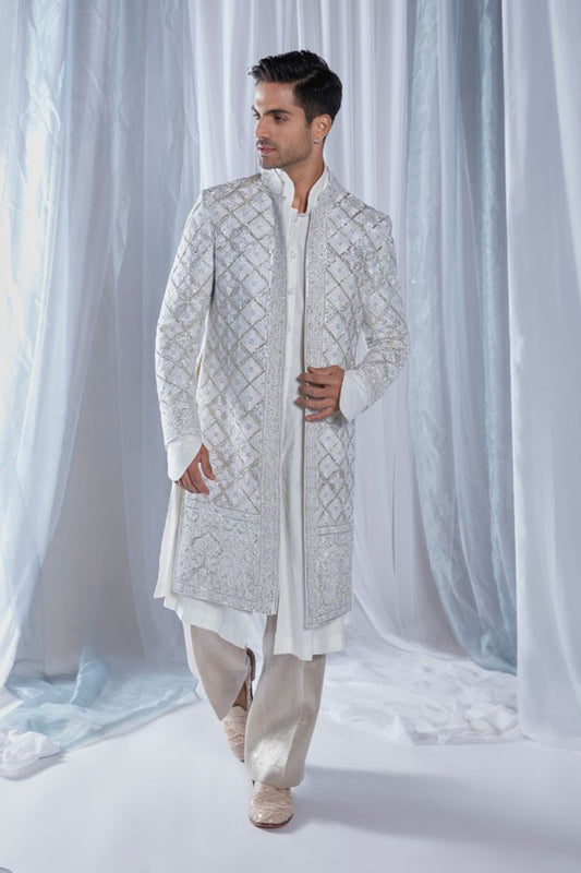 Mijwan Chikankari Ivory Grid Sherwani Set