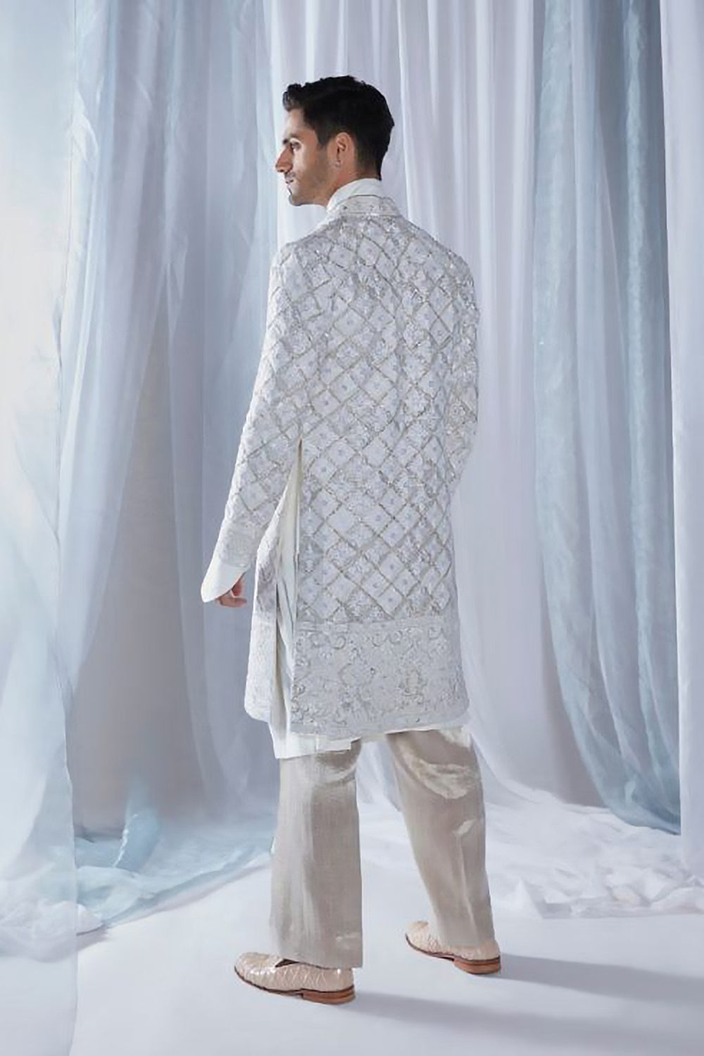 Mijwan Chikankari Ivory Grid Sherwani Set