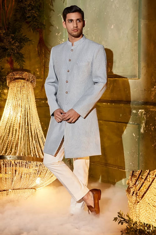 Powder Blue Silk Pintucks Silk Sherwani Set