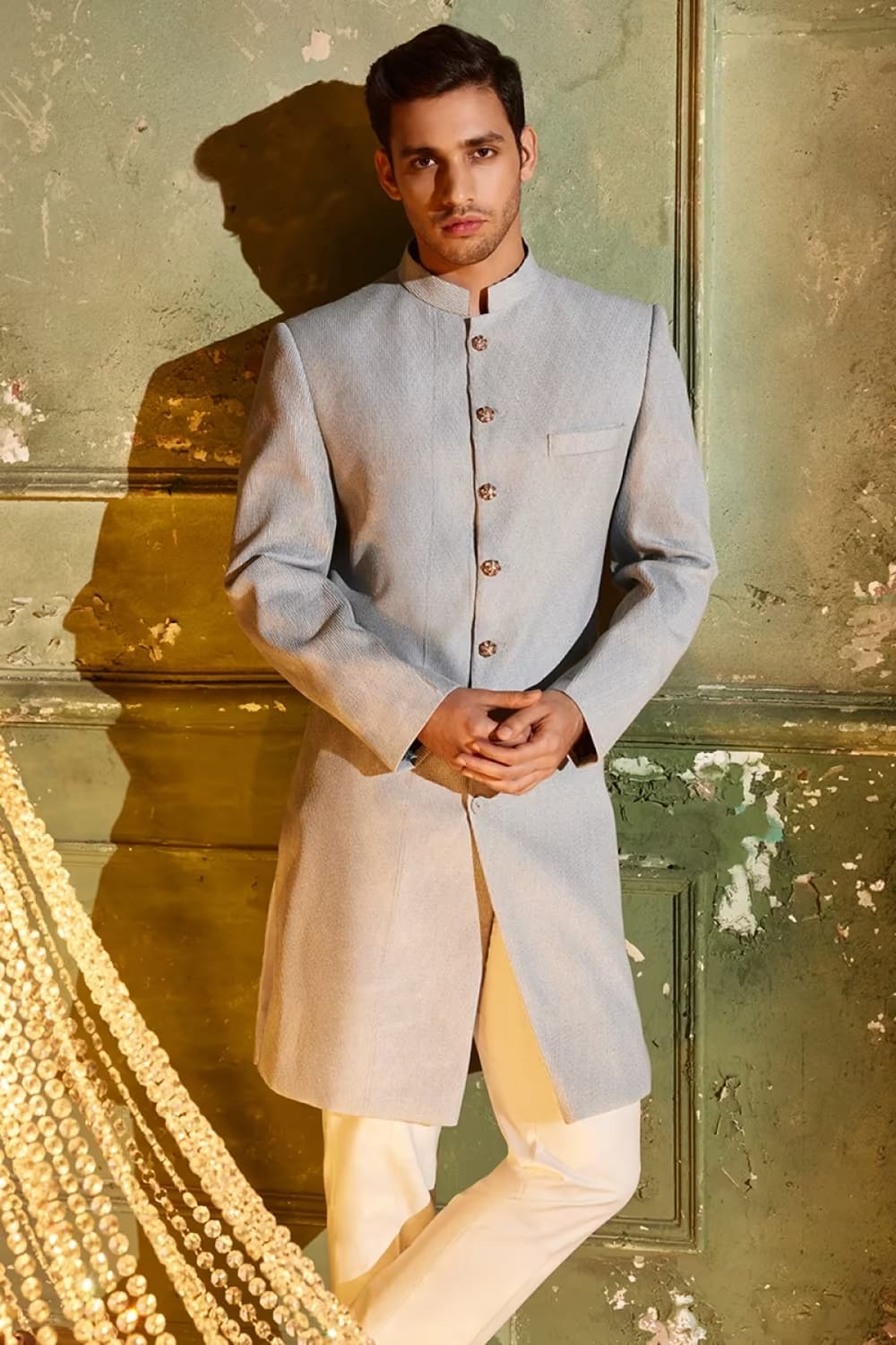 Powder Blue Silk Pintucks Silk Sherwani Set