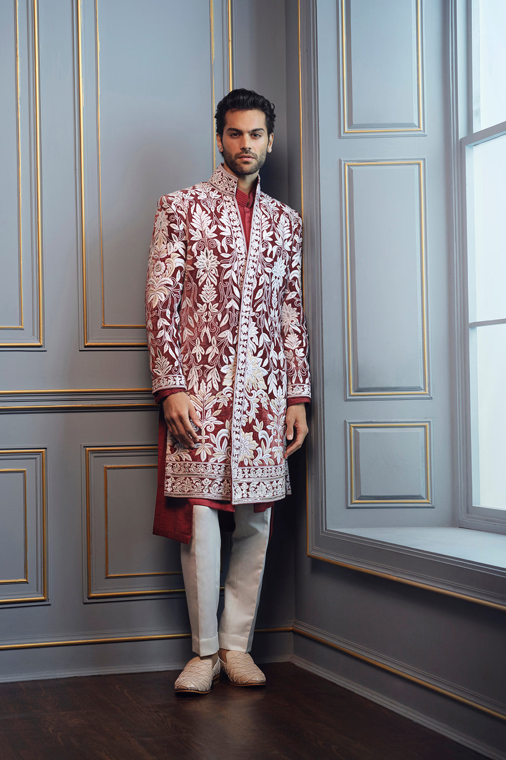 Rust Velvet Threadwork Sherwani Set