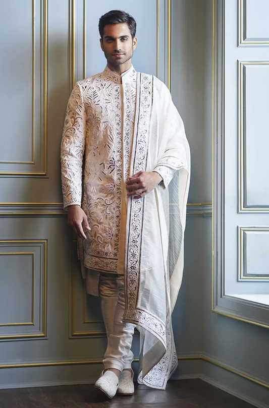 Ivory Silk Floral Embroidery Sherwani Set