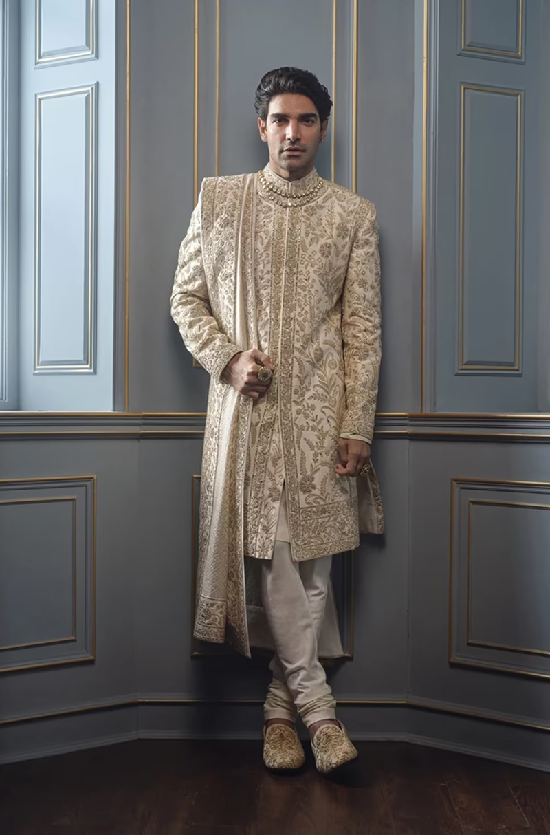 Ivory with Light Gold Embroidered Sherwani Set