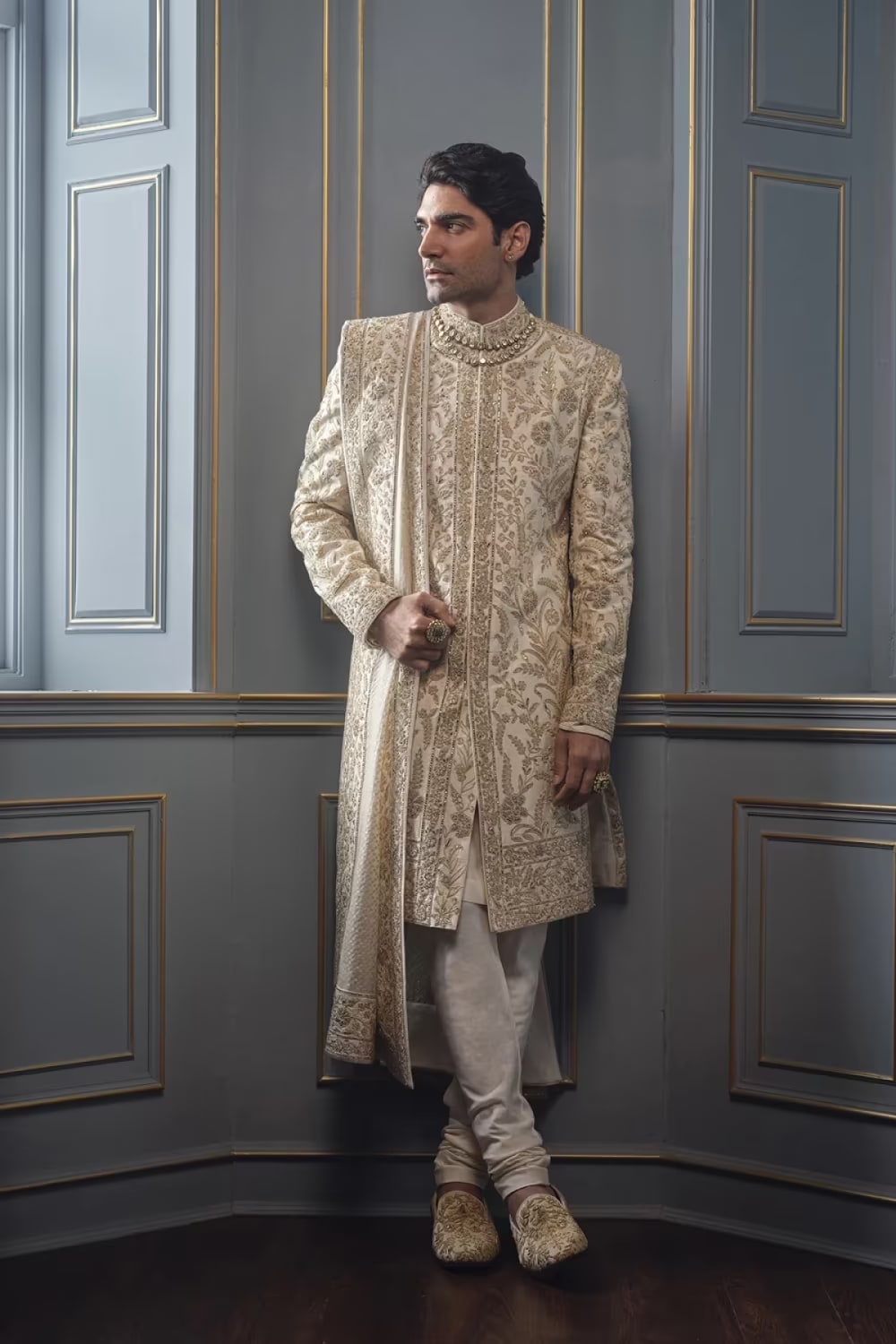 Ivory with Light Gold Embroidered Sherwani Set