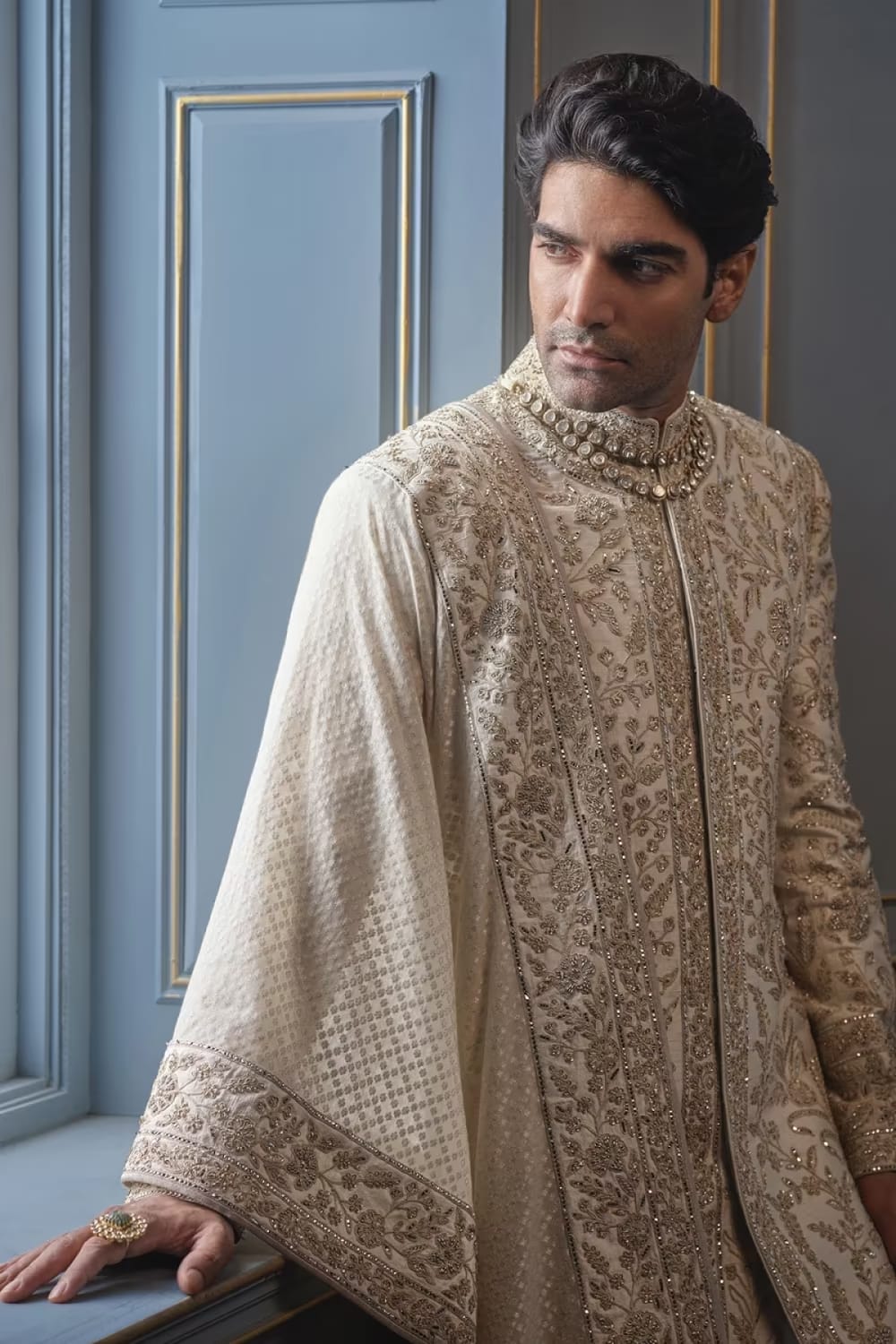 Ivory with Light Gold Embroidered Sherwani Set