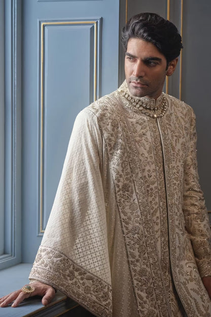 Ivory with Light Gold Embroidered Sherwani Set