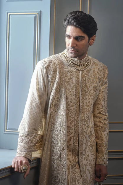 Ivory with Light Gold Embroidered Sherwani Set