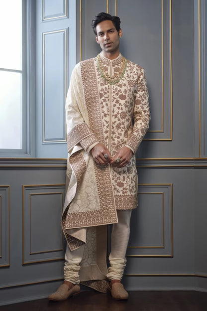 Ivory with Antique Gold Embroidered Sherwani Set