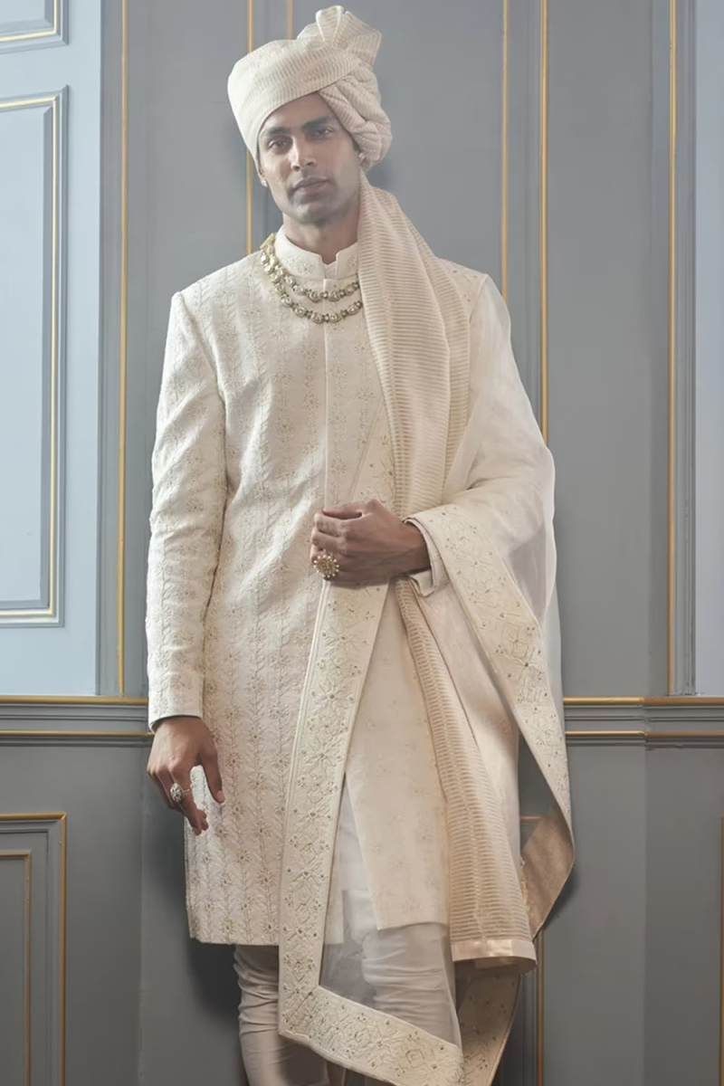 Ivory Floral Dori Embroidered Sherwani Set