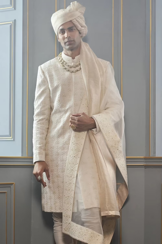 Ivory Floral Dori Embroidered Sherwani Set