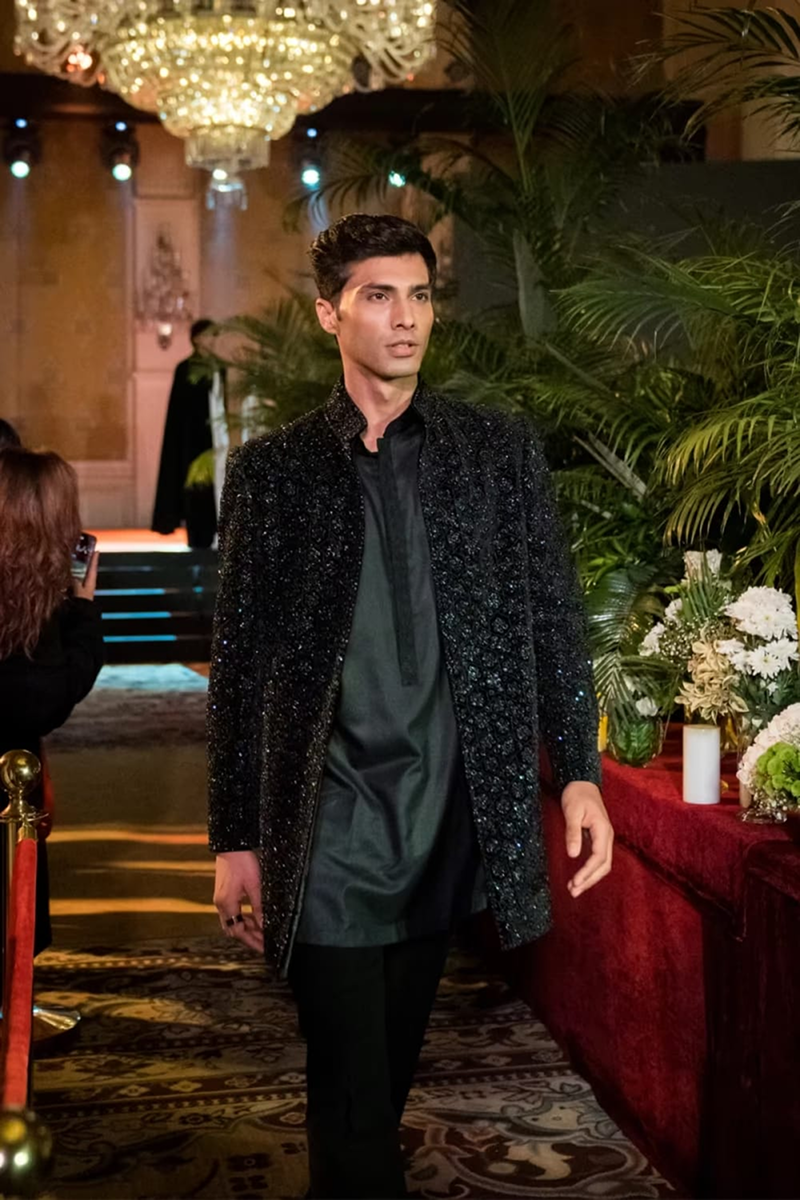 Black Velvet Honeycomb Short Sherwani Set