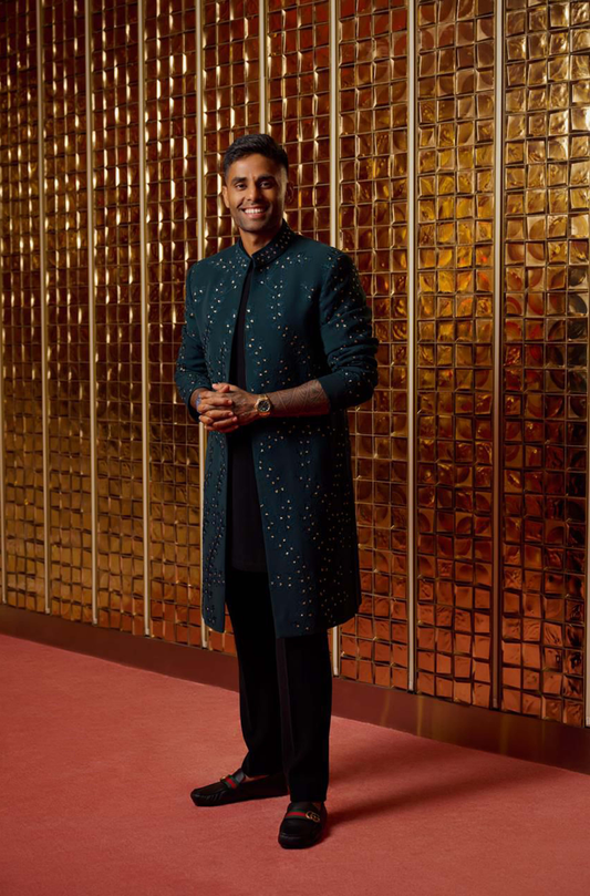 Suryakumar Yadav in our Teal Green Open Embroidered Sherwani Set
