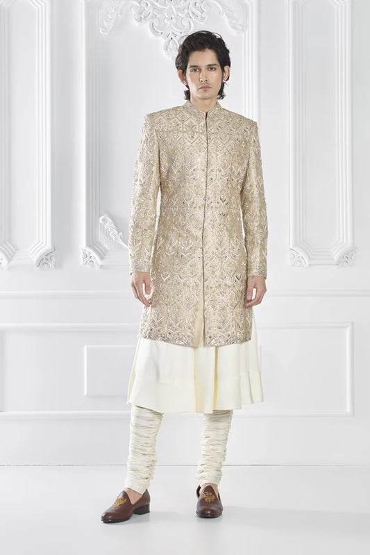 Beige Gold Embroidered Sherwani Set