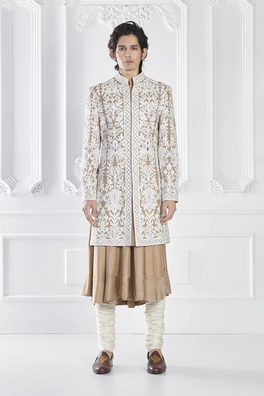 Oyster Embroidered Sherwani Set