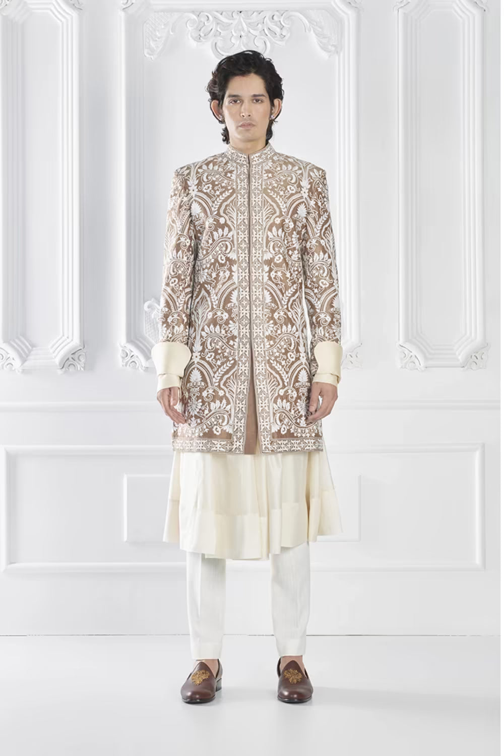 Oyster Raw Silk Sherwani Set