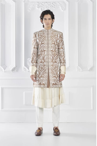 Oyster Raw Silk Sherwani Set