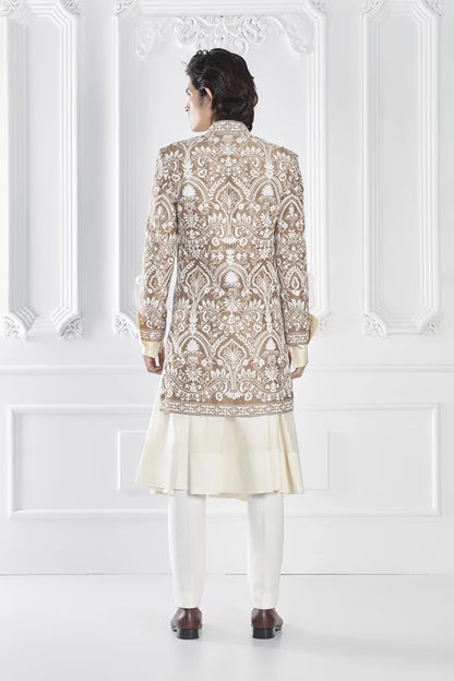 Oyster Raw Silk Sherwani Set