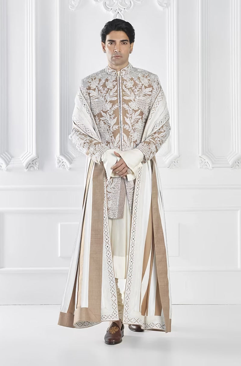 Ivory & Beige Embroidered Sherwani Set