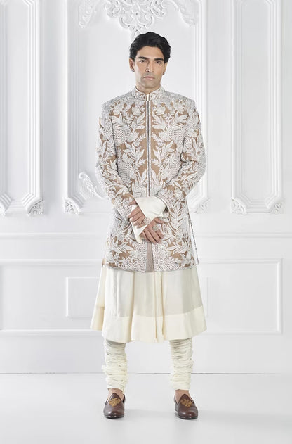 Ivory & Beige Embroidered Sherwani Set