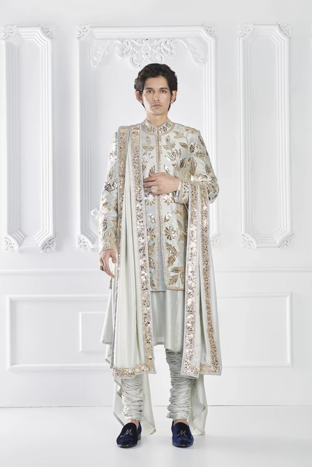 Grey Embroidered Sherwani Set